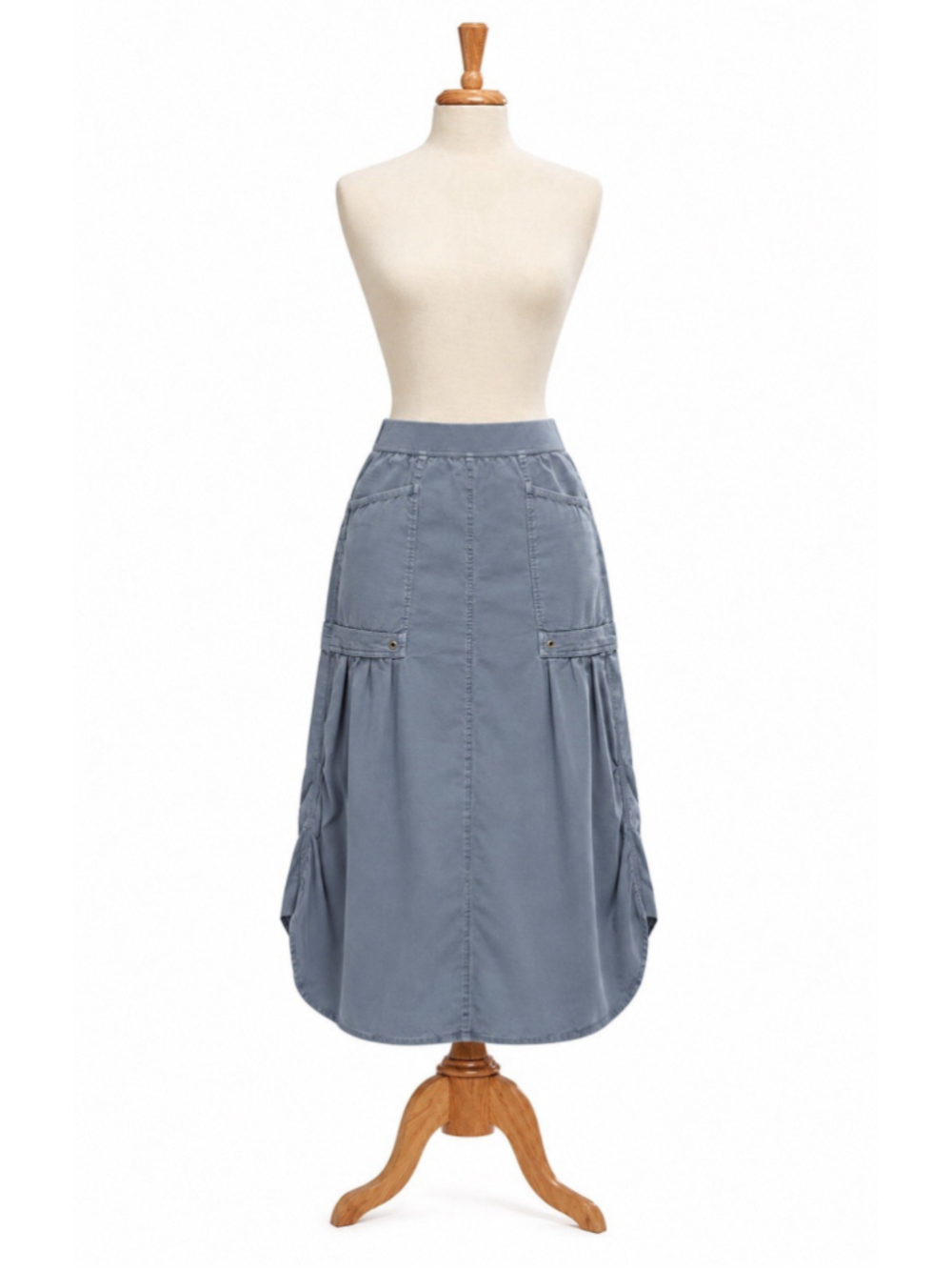 XCVI Wearables Midi Skirt L Blue Utility Cargo Ruched Boho Lagenlook Sz Casual